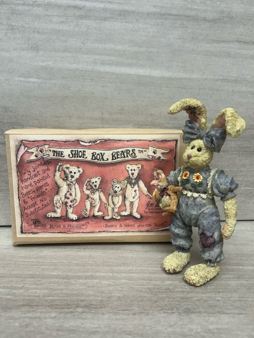 The Shoe Box Bears Winnie Hopkins #3207 Bunny Figurine in Yellow and Blue